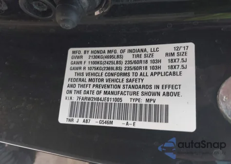 2018 Honda Cr-V Ex-L/Ex-L Navi из США, поврежденный, VIN 7FARW2H84JE011005